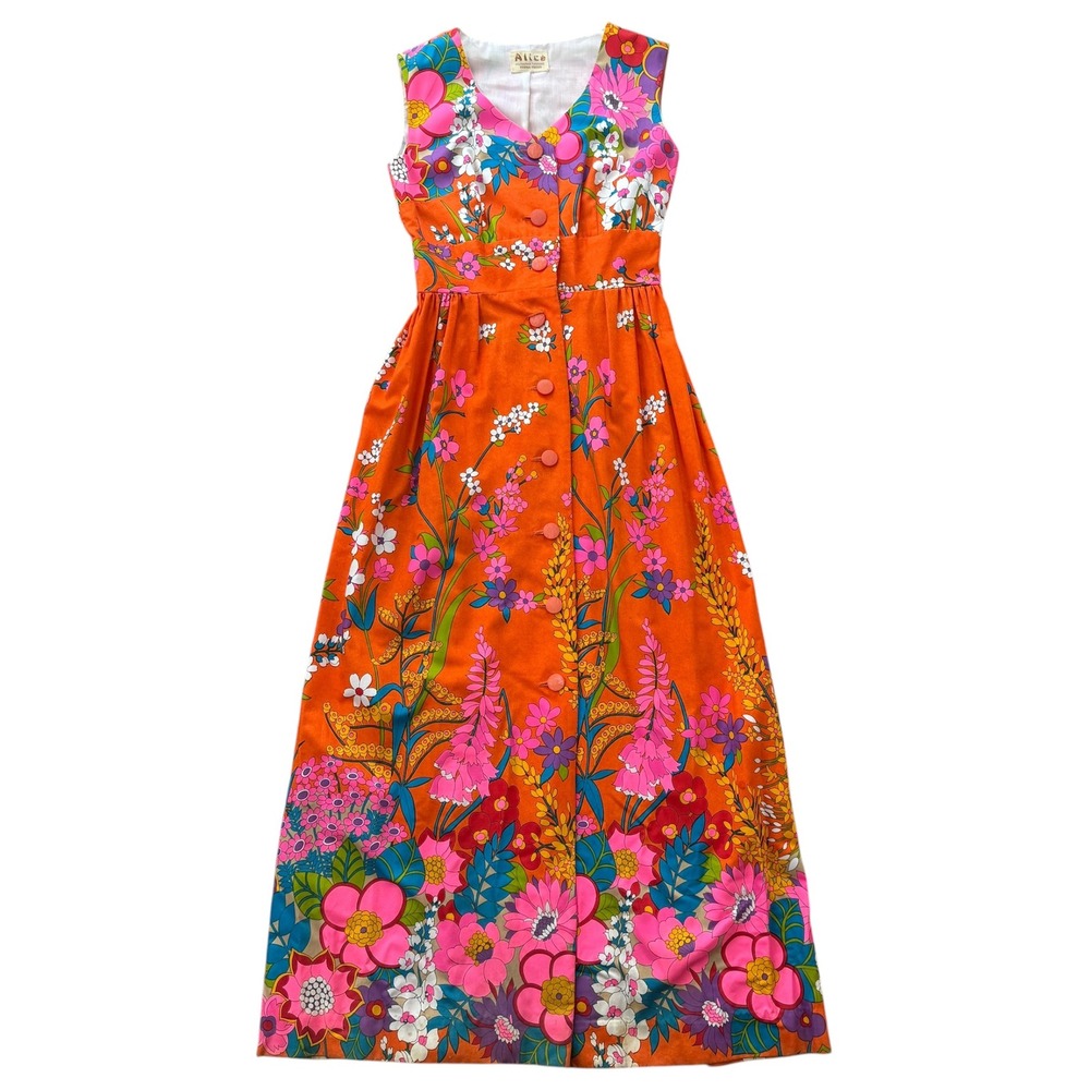 Alice Polynesian Fashions 60s Hawaiian Maxi Dress Floral M Orange Psychedelic